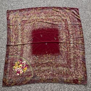 Vintage Gucci Burgundy Floral Bird Fauna Botanical Print Silk Scarf